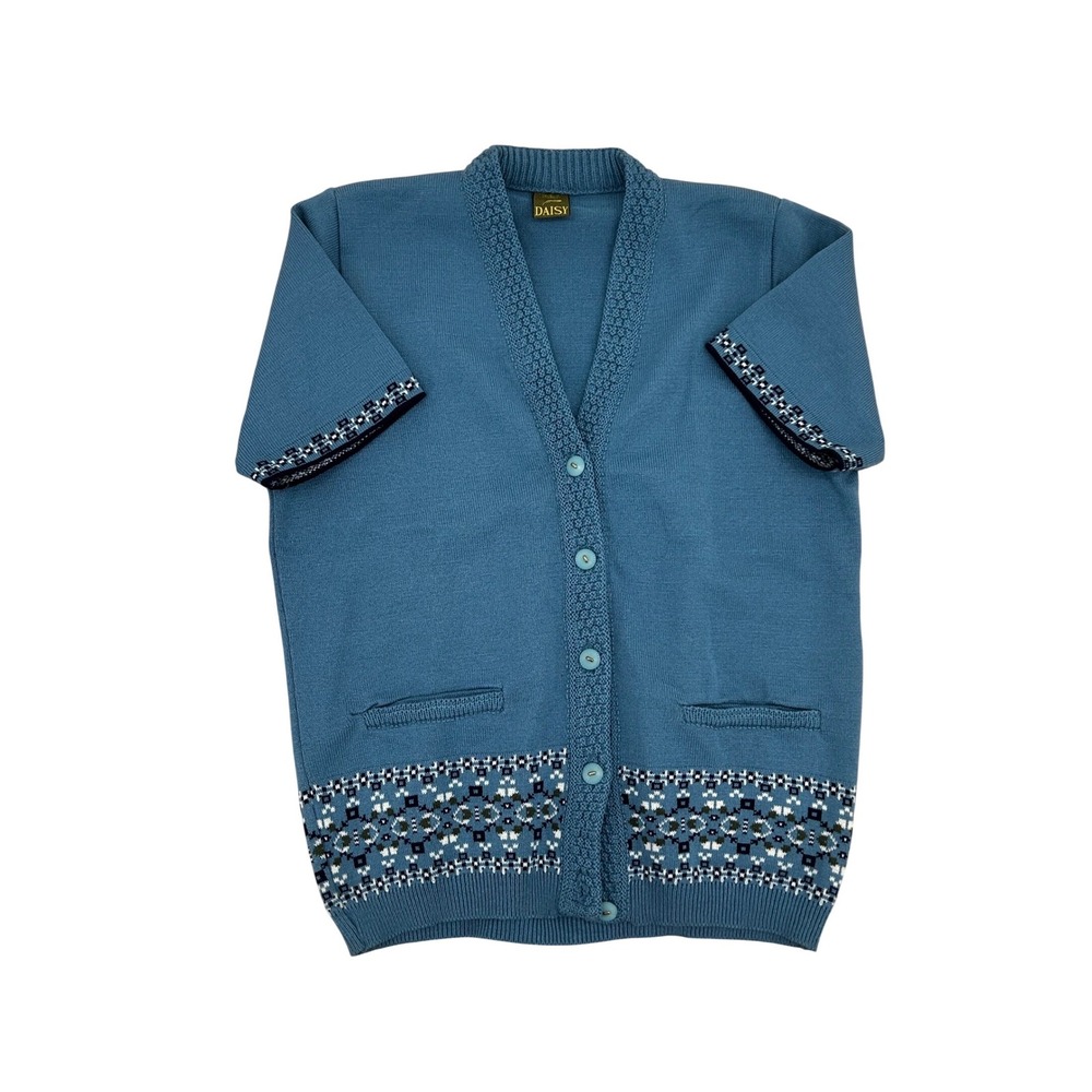 Daisy Originales Vintage Blue Fair Isle Short Sleeve Cardigan Sweater Size L